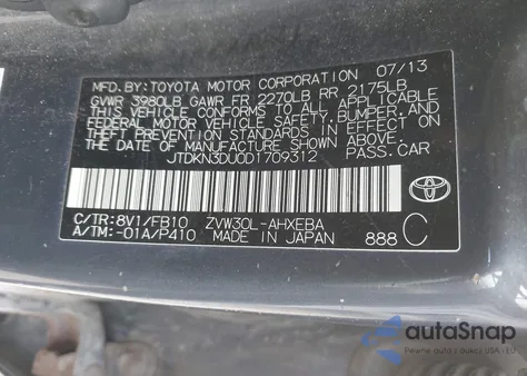 2013 Toyota Prius Two z USA, uszkodzony, nr VIN JTDKN3DU0D1709312
